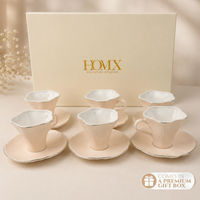 Premium Beige Ceramic Mug & Saucer with Gold Rim - Set of 6 (100ml each)