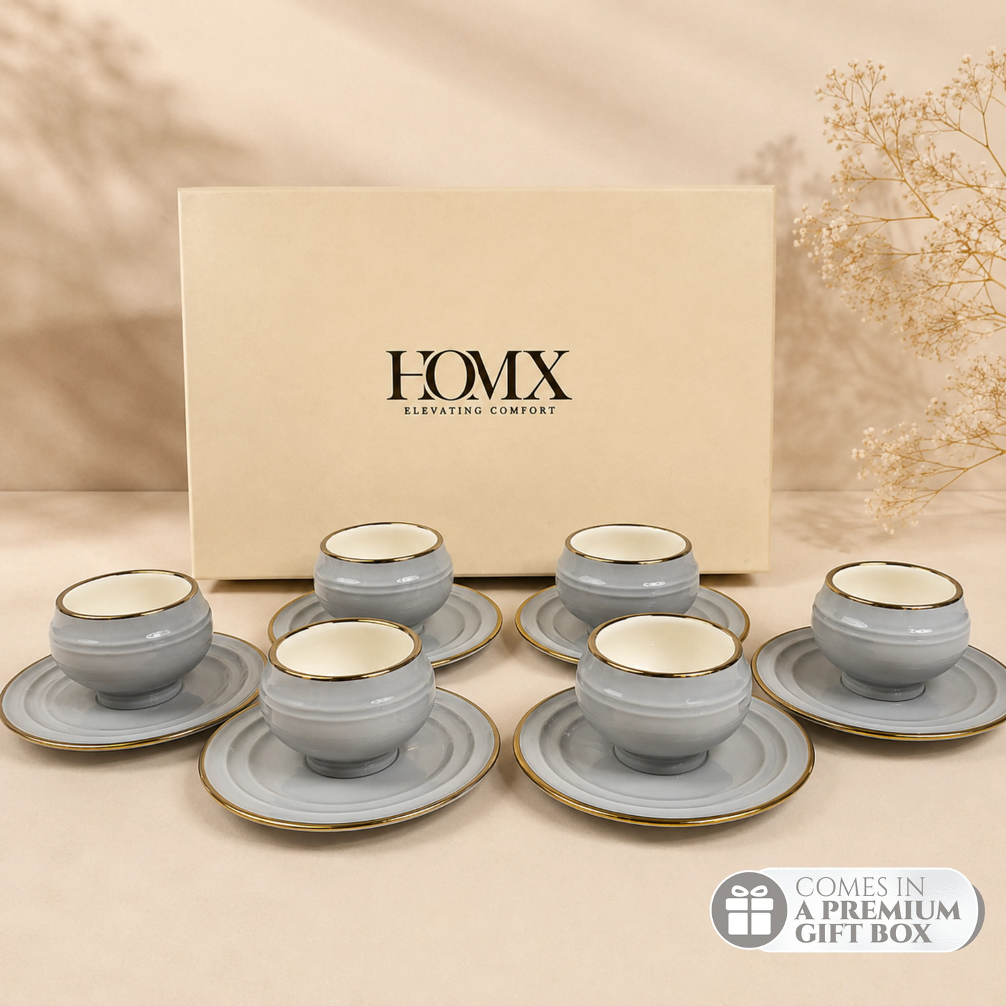 Light Grey with Gold Rim Ceramic Mug & Saucer Set – Set of 6 (100ml each)