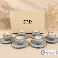 Light Grey with Gold Rim Ceramic Mug & Saucer Set – Set of 6 (100ml each)