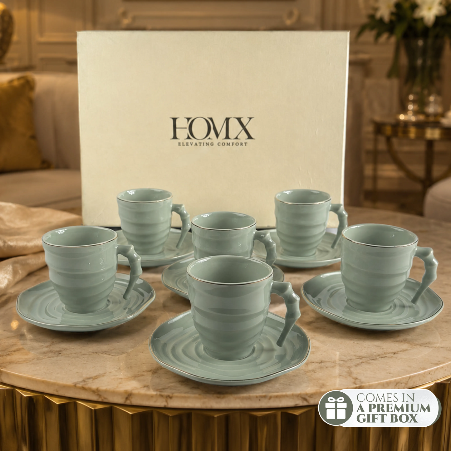 Luxury Sage Green Ceramic Mug & Saucer Set with Gold Rim - 6 Pcs (100ml each)