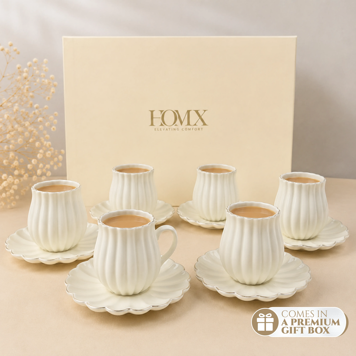Ivory Luxe Gold Rim Ceramic Tea & Coffee Mug Set with Saucers (6 Pcs) - 250ml each