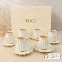 Ivory Luxe Gold Rim Ceramic Tea & Coffee Mug Set with Saucers (6 Pcs) - 250ml each