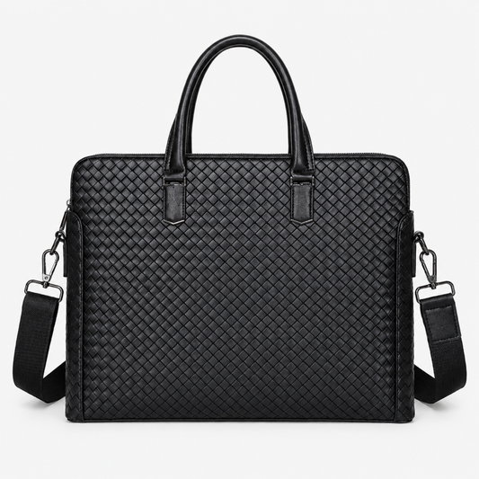 Handwoven PU Leather Laptop Briefcase Bag with Shoulder Strap