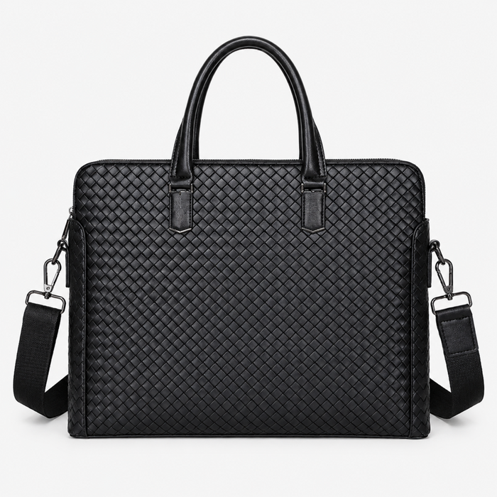 Handwoven PU Leather Laptop Briefcase Bag with Shoulder Strap