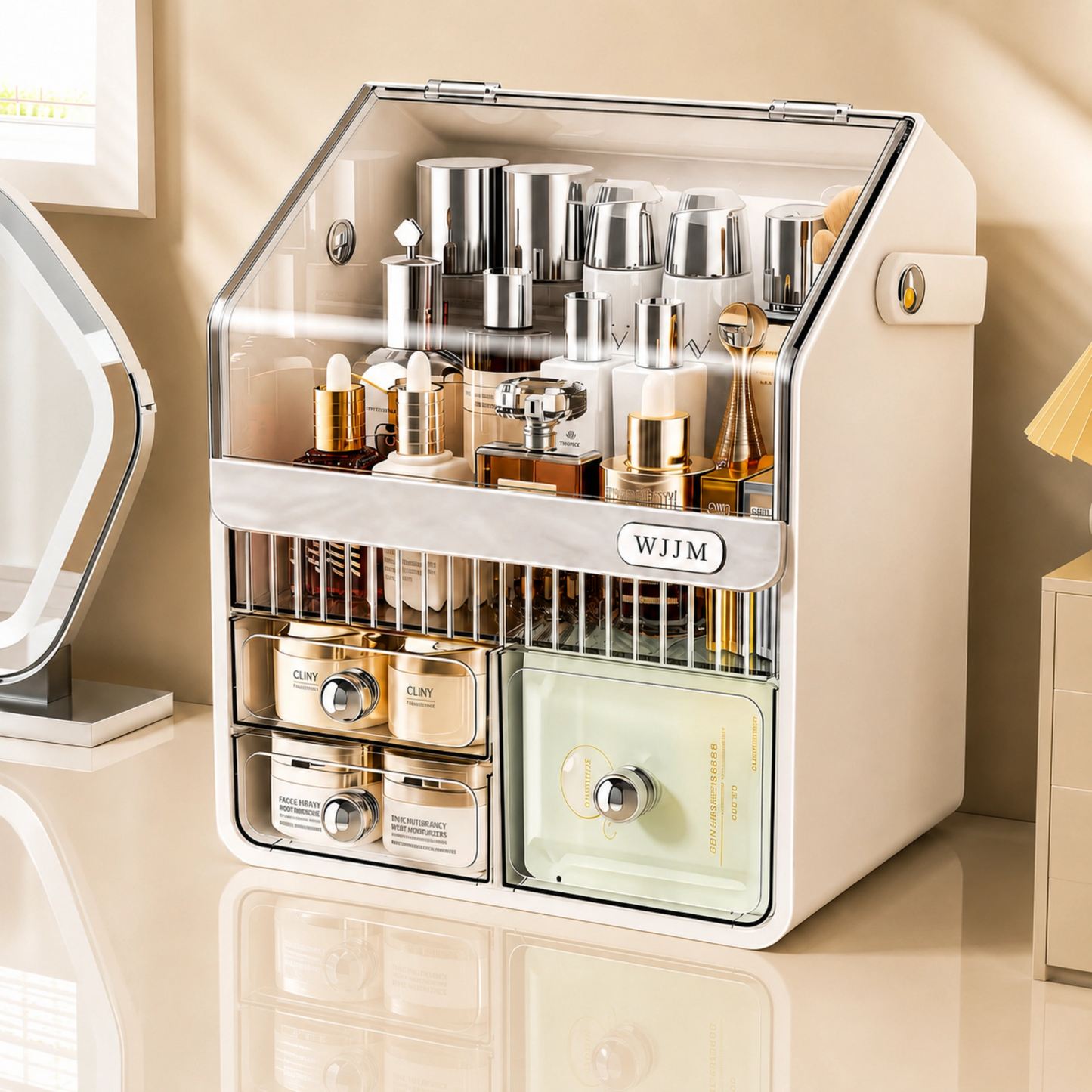 HOMX Premium Vanity Organizer with Dust-Proof Lid & Lipstick Holder
