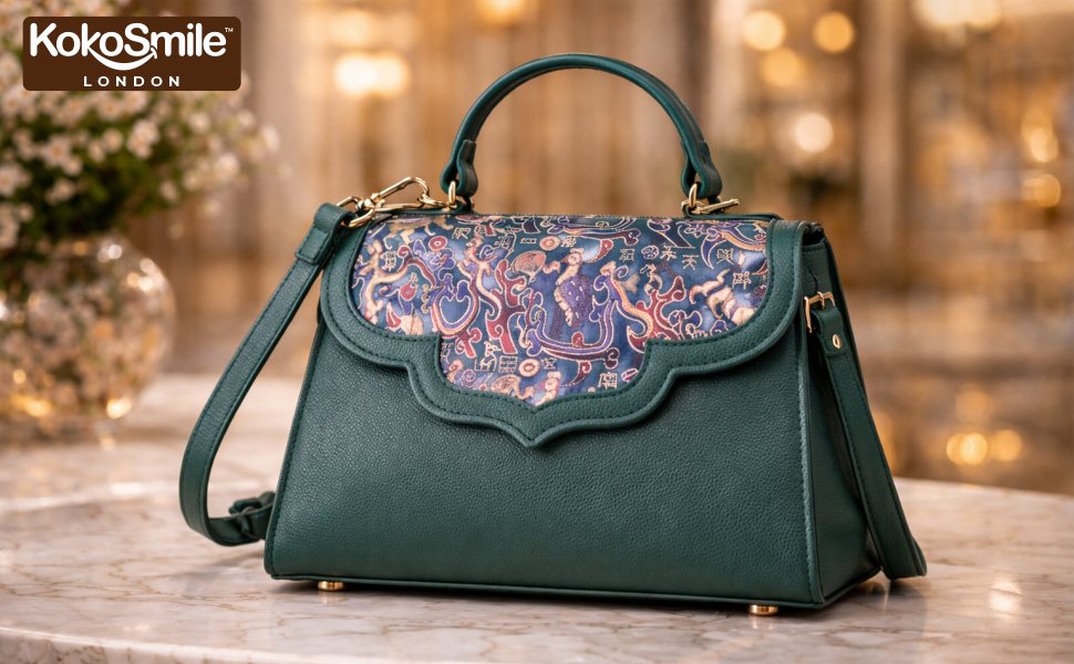 Emerald Silk Flap Leather Handbag with Top Handle & Sling Banner 5