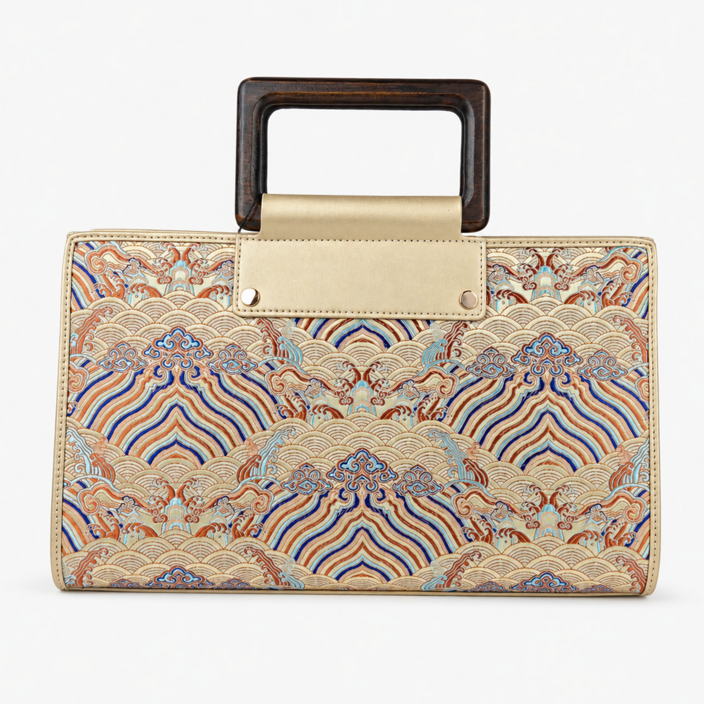 Classic Leather & Hangzhou silk Tote bag with Wooden Handle