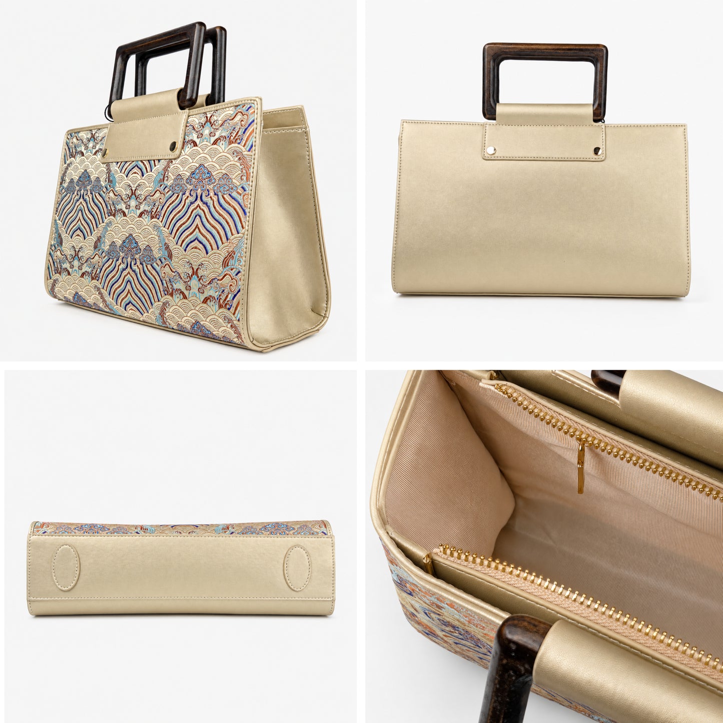 Classic Leather & Hangzhou silk Tote bag with Wooden Handle