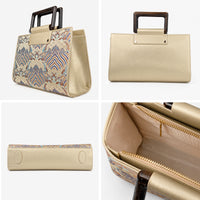 Classic Leather & Hangzhou silk Tote bag with Wooden Handle