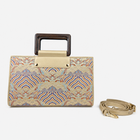 Classic Leather & Hangzhou silk Tote bag with Wooden Handle