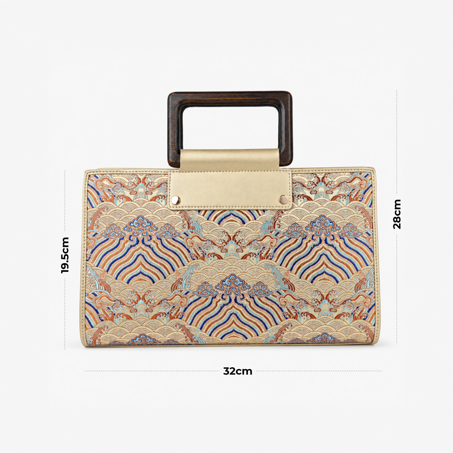 Classic Leather & Hangzhou silk Tote bag with Wooden Handle
