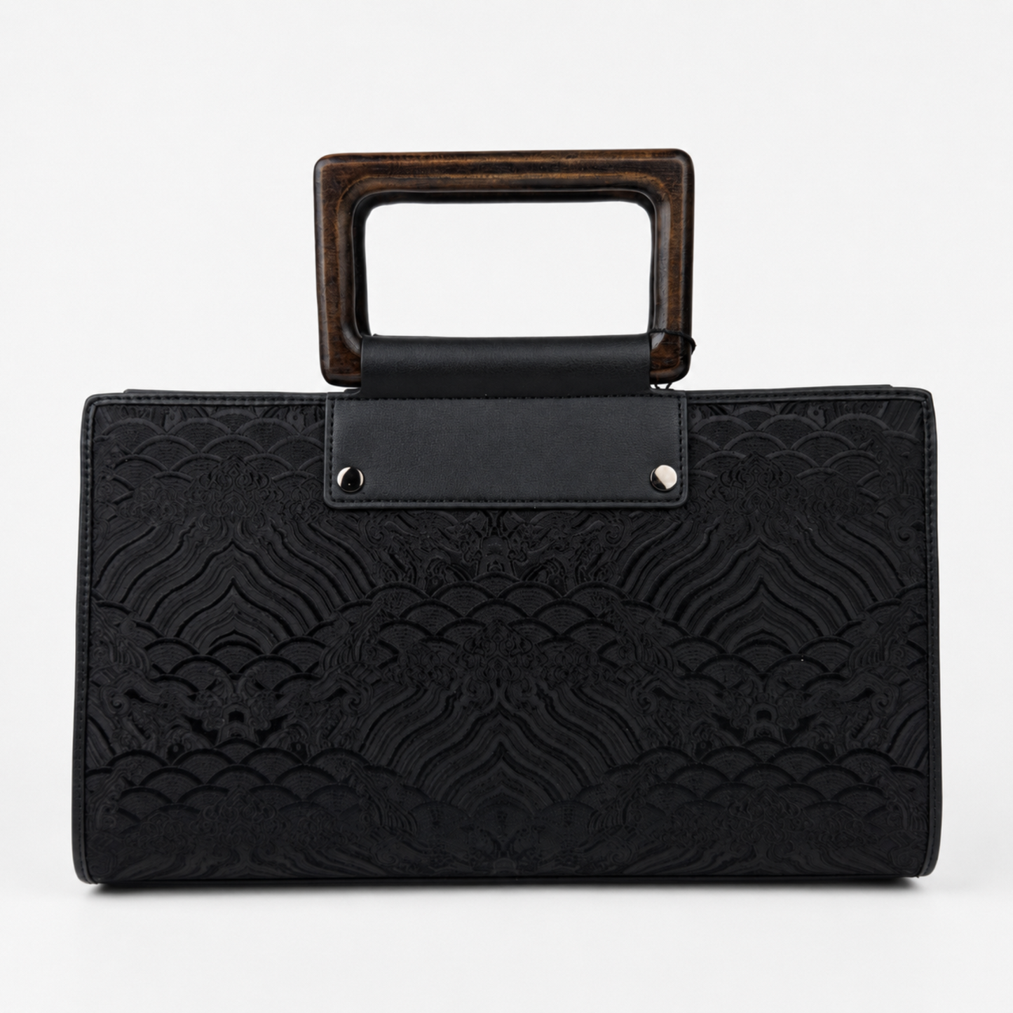 Classic Leather & Hangzhou silk Tote bag with Wooden Handle