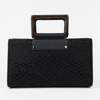 Classic Leather & Hangzhou silk Tote bag with Wooden Handle