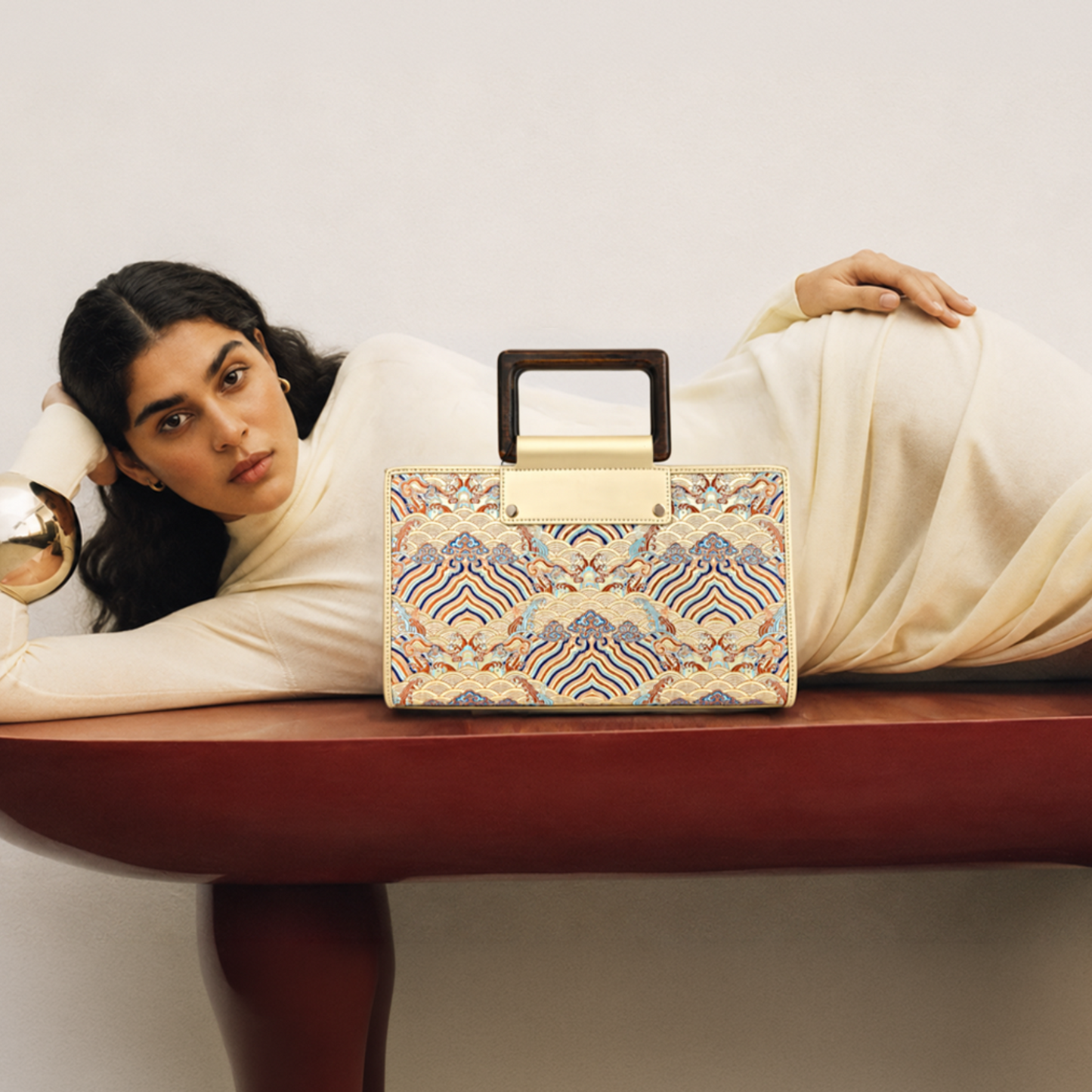 Classic Leather & Hangzhou silk Tote bag with Wooden Handle