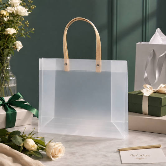 Premium Clear PVC Gift Bag with Wooden Handle for Gift Packaging