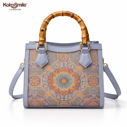 Elegant SilkCraft Leather Top Bamboo Handle Bag with Hangzhou Silk for Women