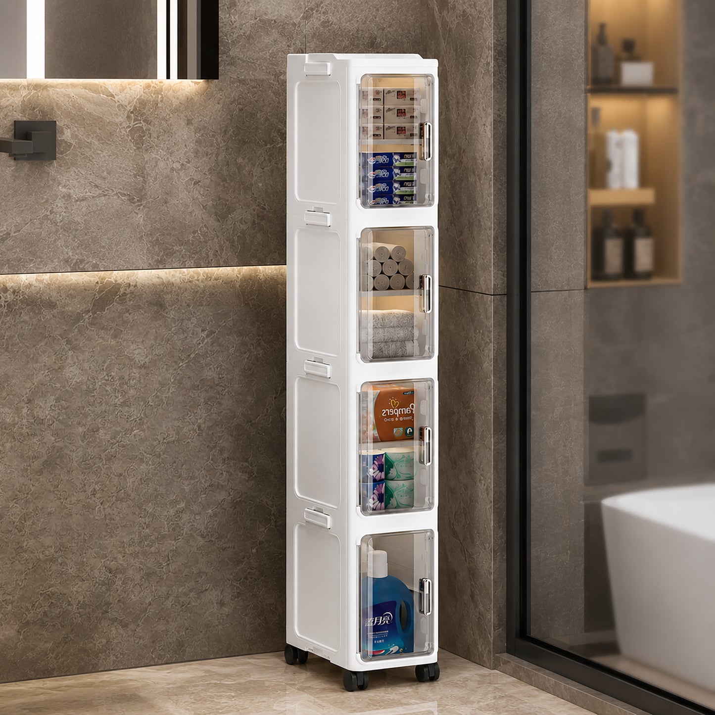 Slim 4-Tier Storage Cabinet with Transparent Doors & Rolling Wheels
