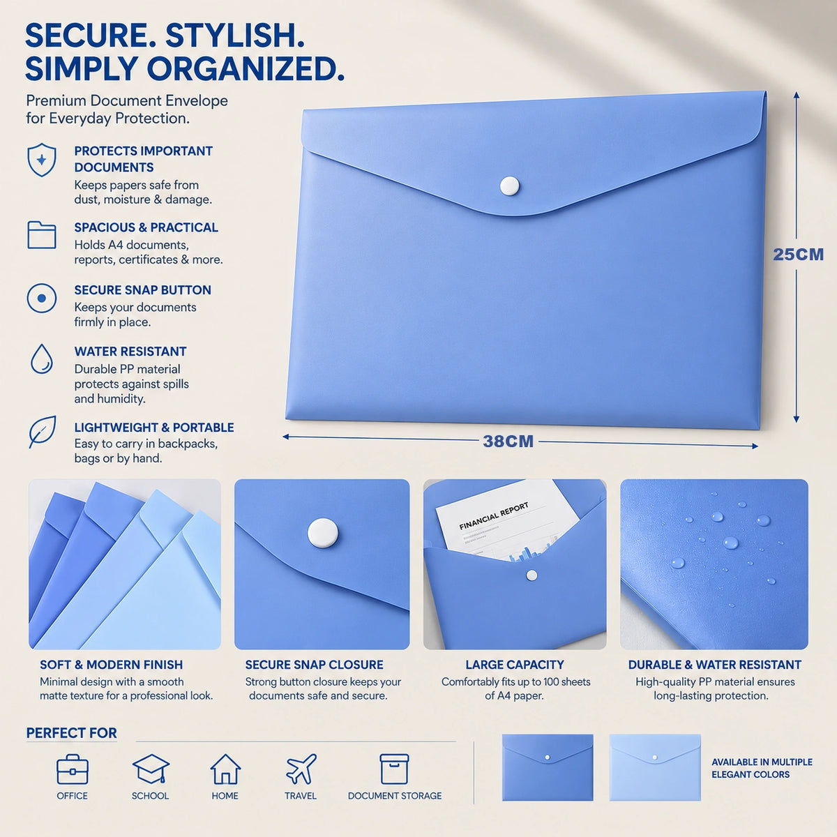 Premium Snap Button Document Envelope File Organizer - A4 Paper Size