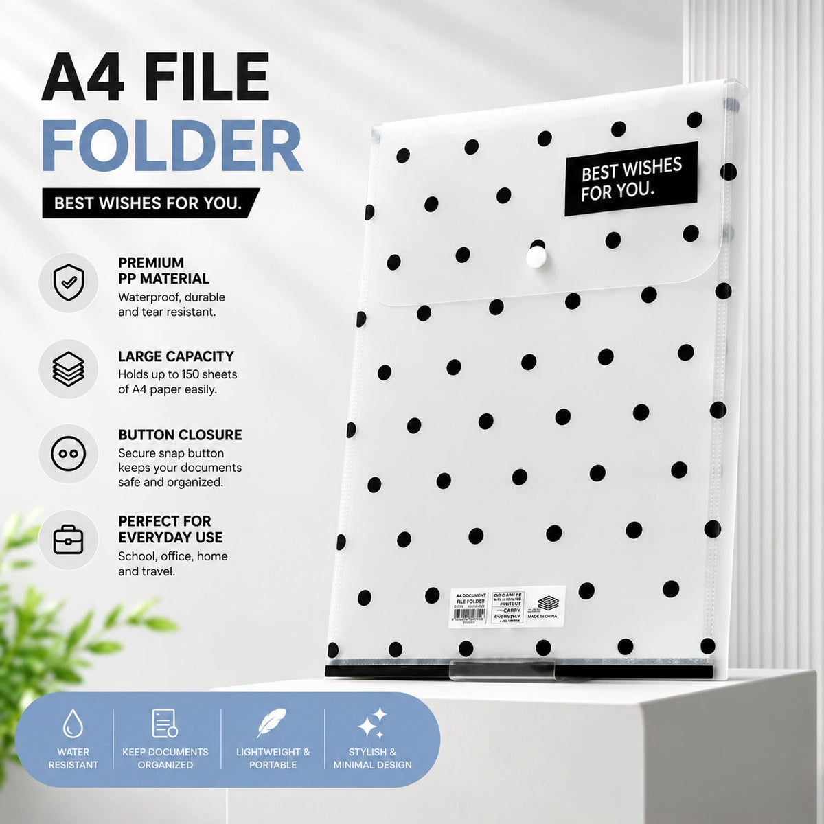 A4 Waterproof Button Closure File Organizer Folder
