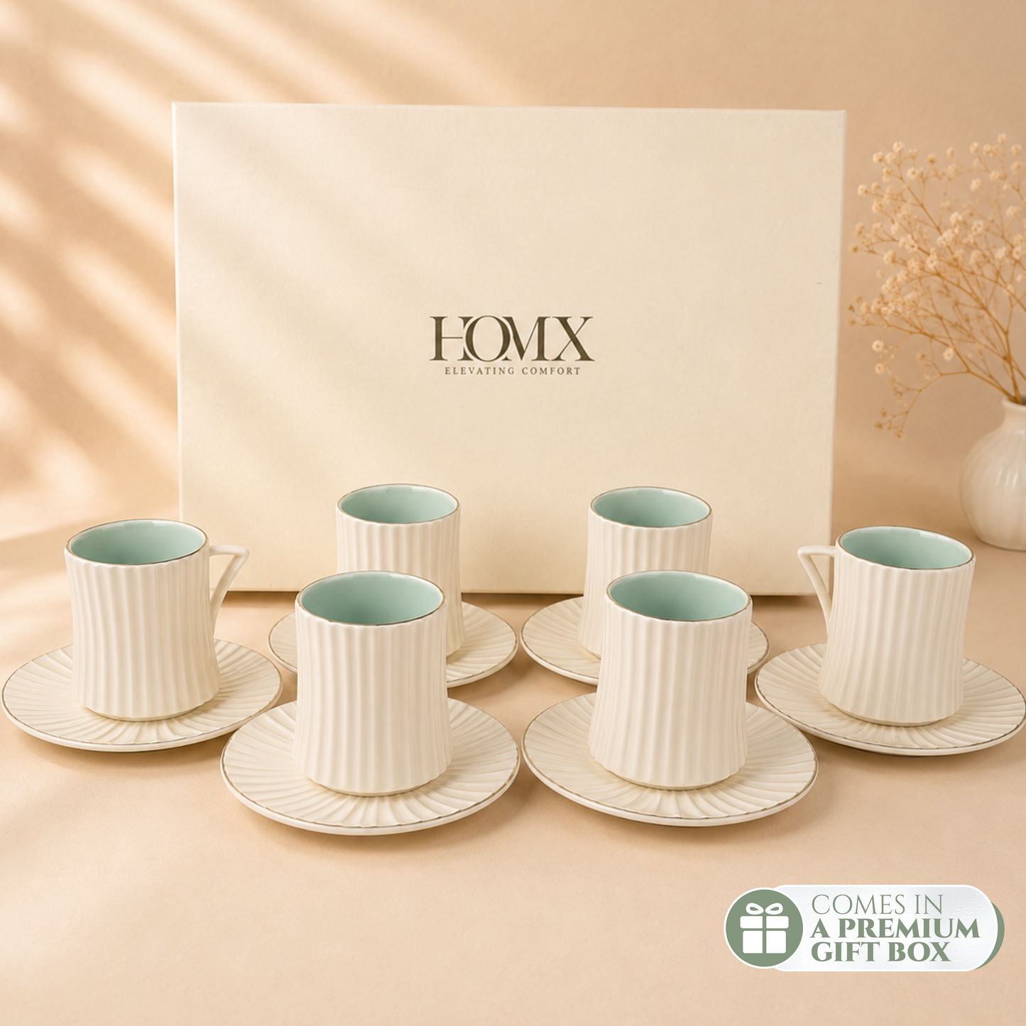 Ivory Blue Ribbed Ceramic Tea/Coffee Mug & Saucer -  Set of 6 (250ml each)