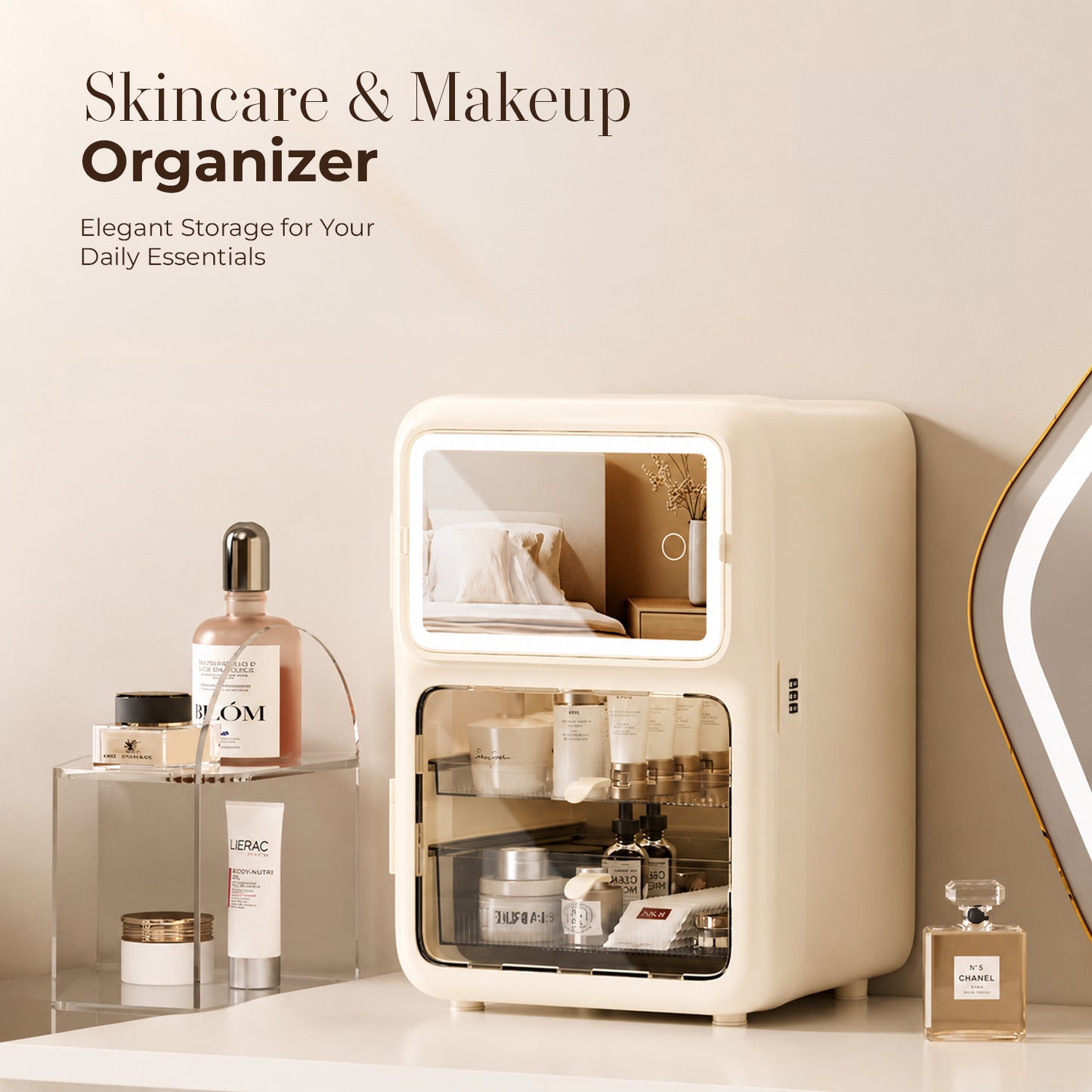 HOMX Skincare & Makeup Organizer – LED Mirror, Touch Control, USB-C, Lock