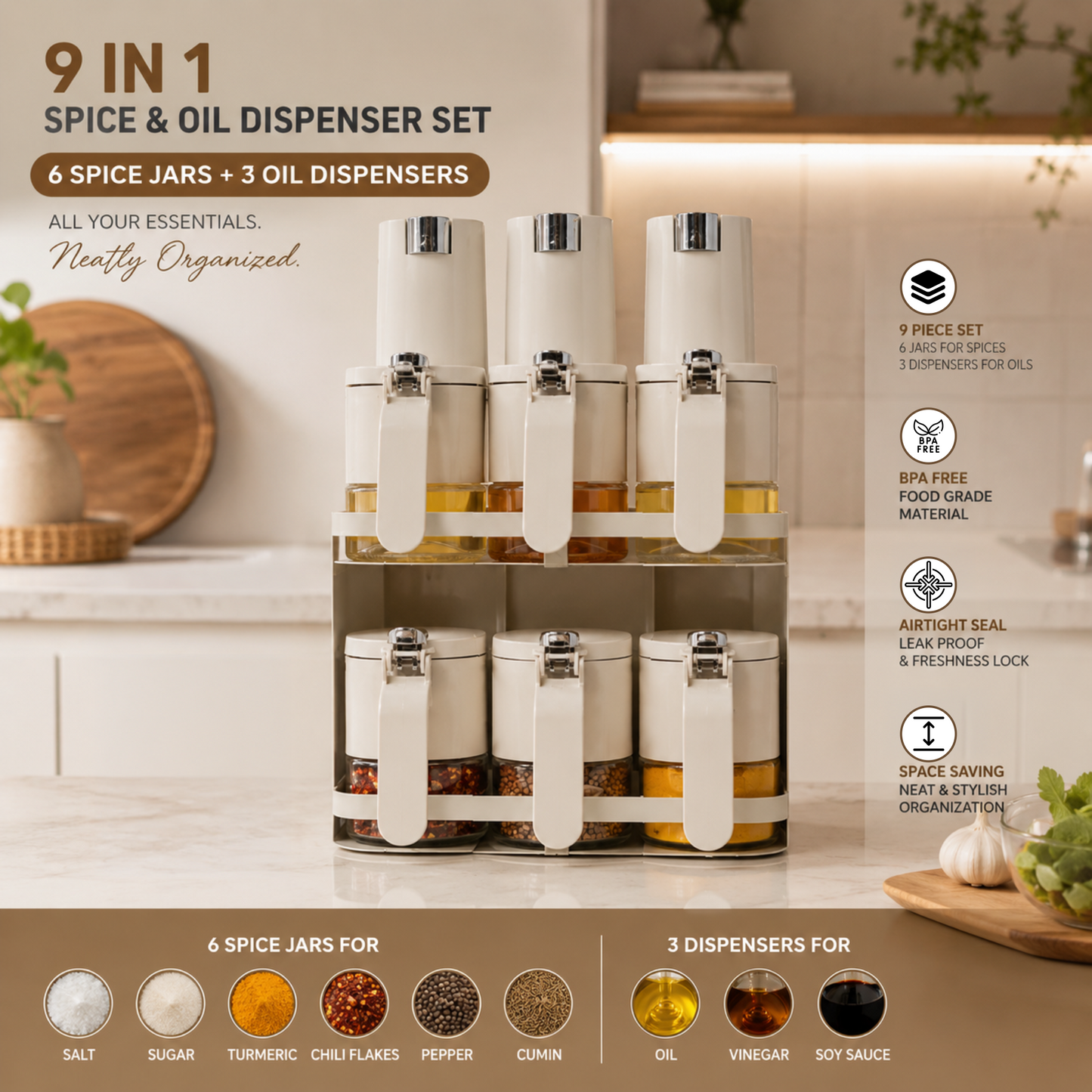 Premium 9-Piece Kitchen Spice Organiser | 6 Spice Jars & 3 Oil Bottles