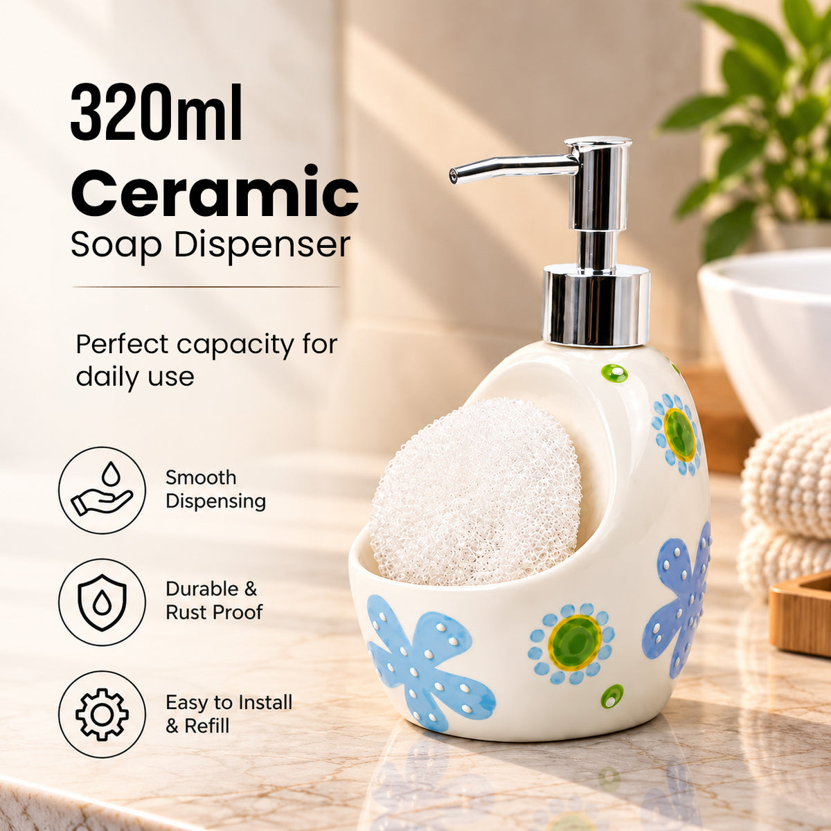 Ceramic Soap Dispenser with Sponge Holder for Kitchen - 320ml