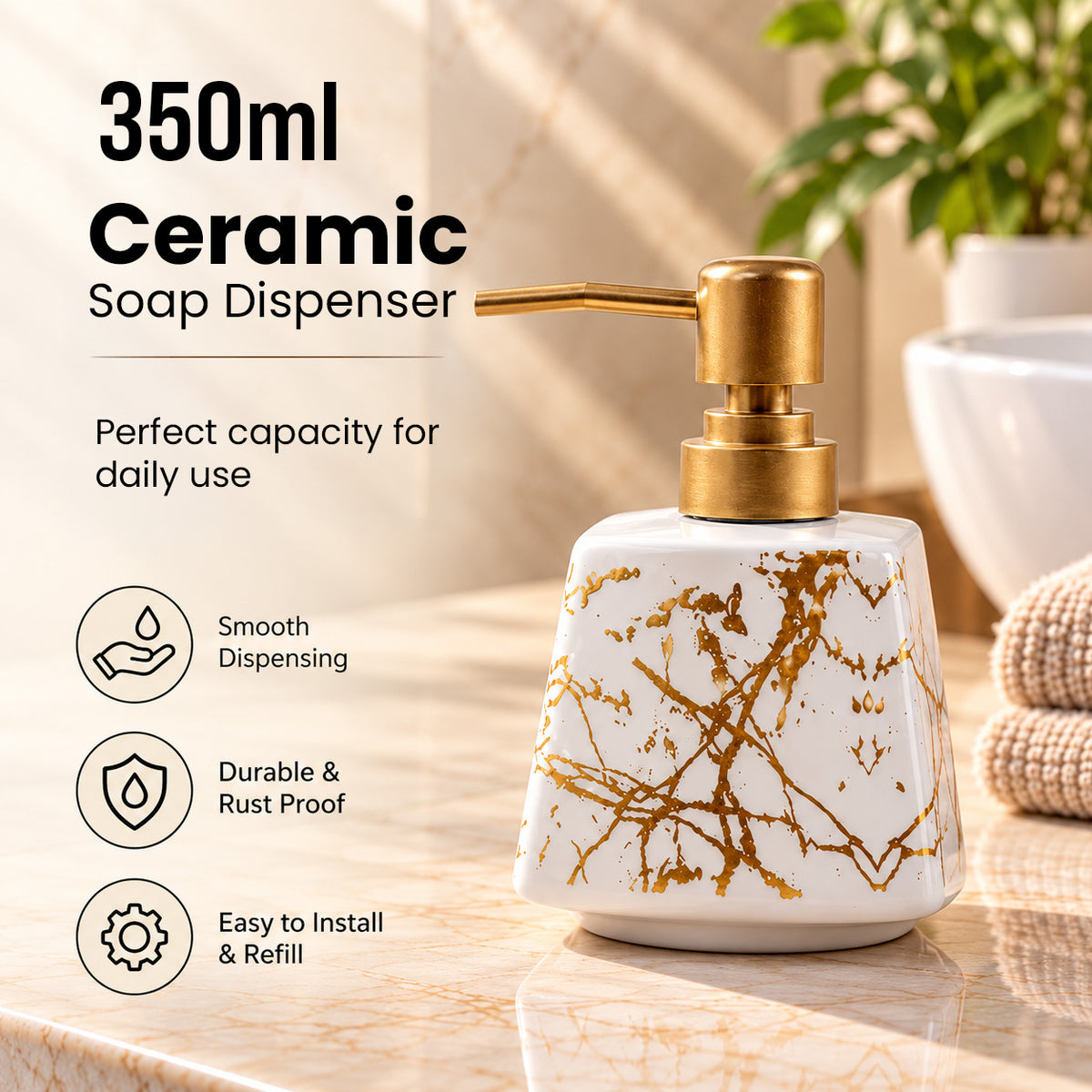 Ceramic Marble Textured Liquid Soap Dispenser - 350ml