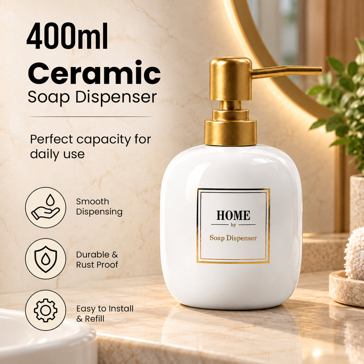 Elegant Ceramic Soap Dispenser with Golden Pump - 400ml