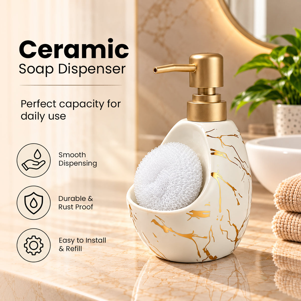Ceramic Marble Soap Dispenser with Sponge Holder for Bathroom