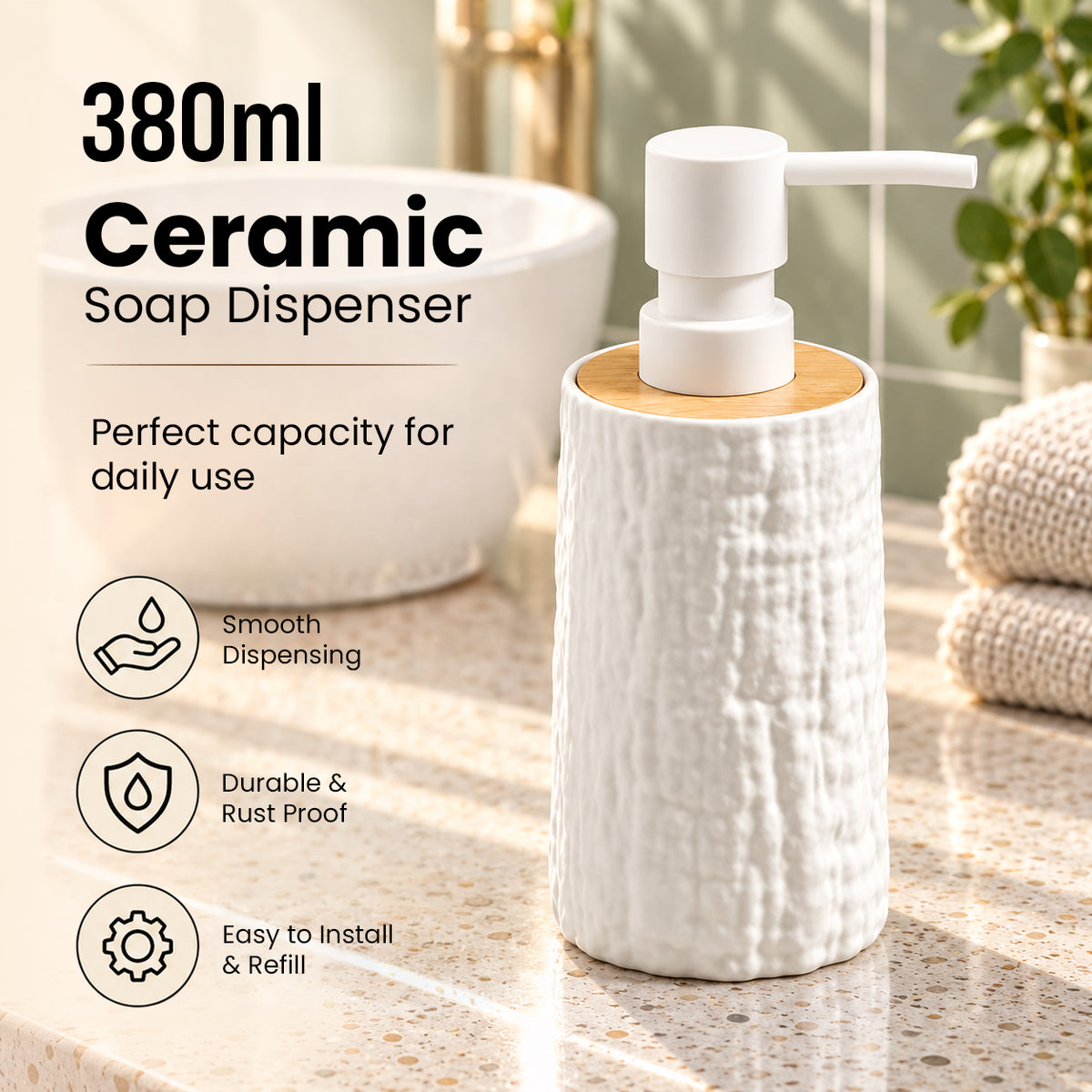 Unbreakable Textured Soap Dispenser with Bamboo Touch 380ml