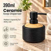 Unbreakable Matte Ribbed Soap Dispenser with Wooden Top 390ml