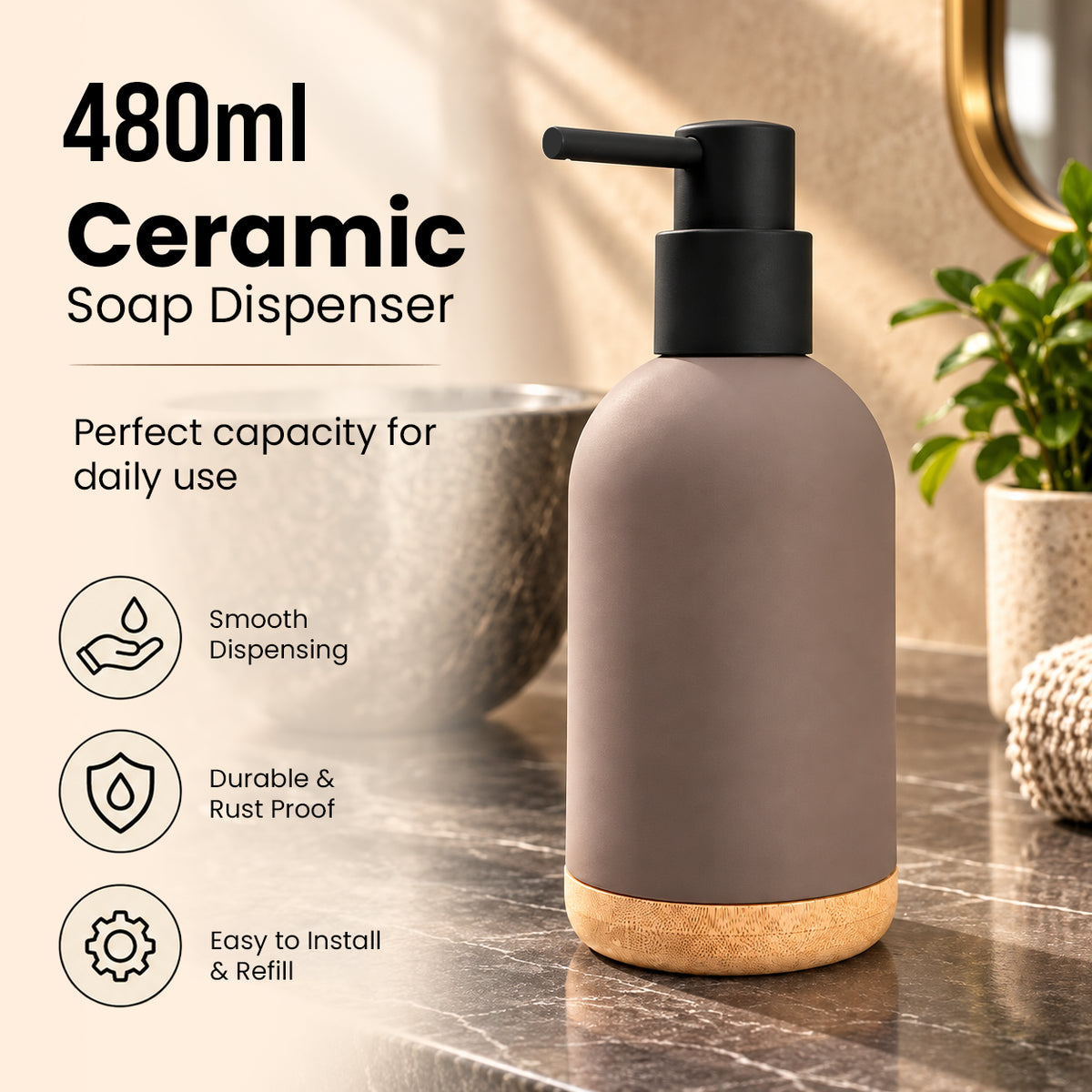 Unbreakable ABS Soap Dispenser with Wooden Base 480ml