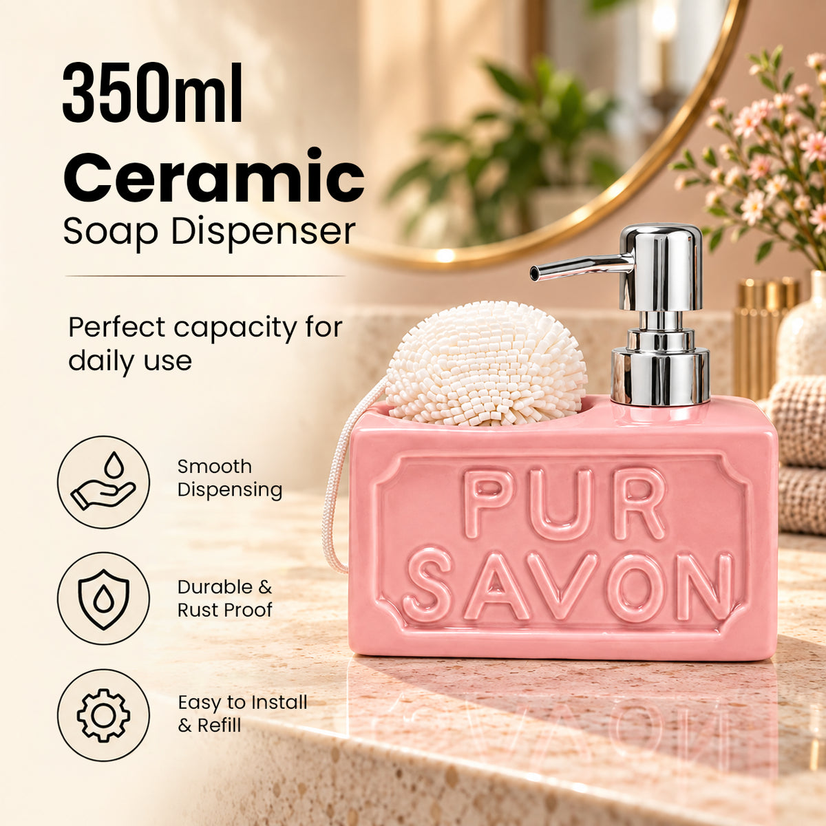 PUR SAVON Ceramic Soap Dispenser with Sponge Holder 350ml