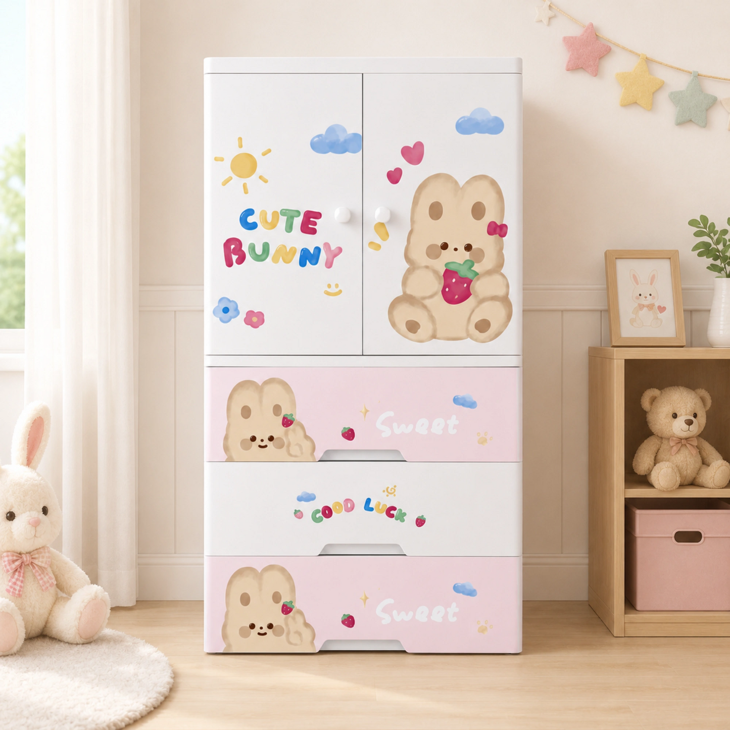 Cute Bunny Kids PP Storage Cabinet with Cabinet Doors & Drawers