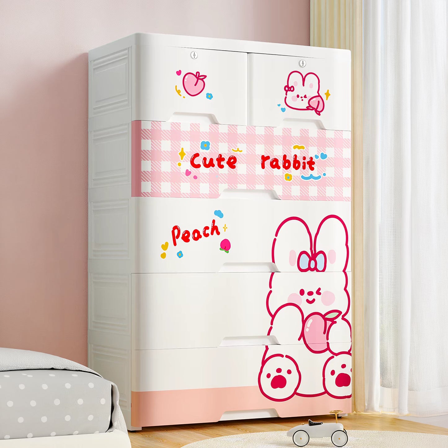 Cute Rabbit Kids PP Storage Cabinet with Lockable Drawers & Mobile Pulley
