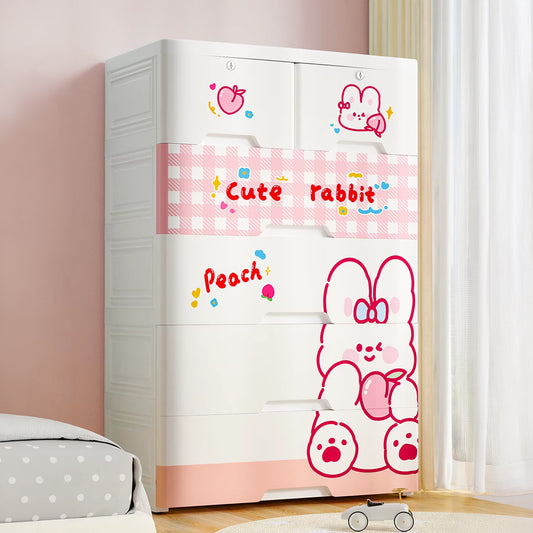 Cute Rabbit Kids PP Storage Cabinet with Lockable Drawers & Mobile Pulley
