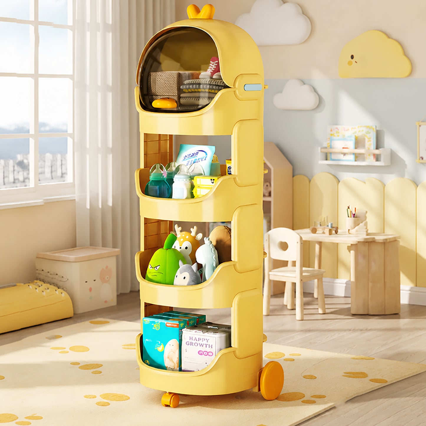 Cute Rabbit Baby Storage Trolley with Dust-Proof Cover & Wheels