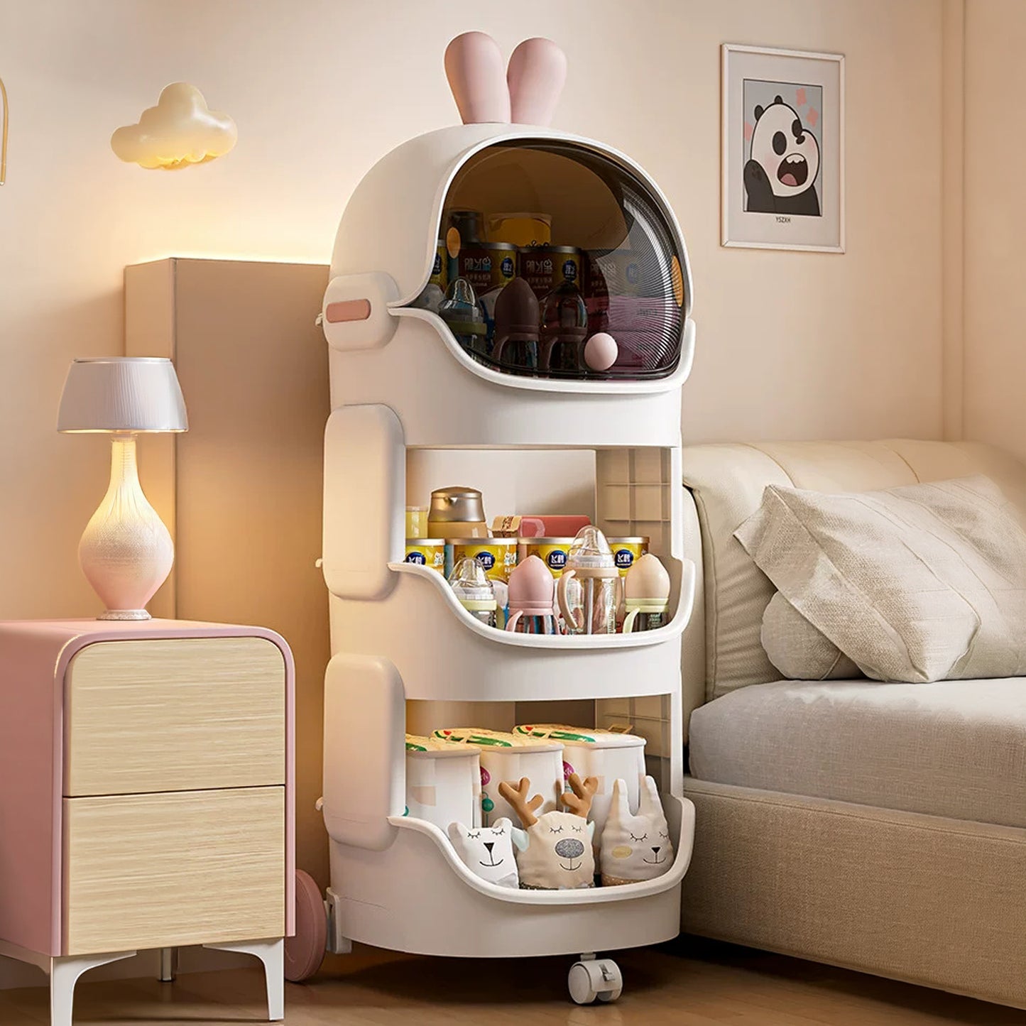 Cute Rabbit Baby Storage Trolley with Dust-Proof Cover & Wheels