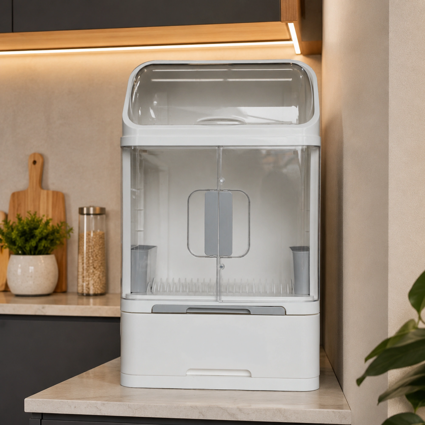 Dust-Proof Dish Drying Rack Cabinet with Sliding Drawer & Utensil Holders