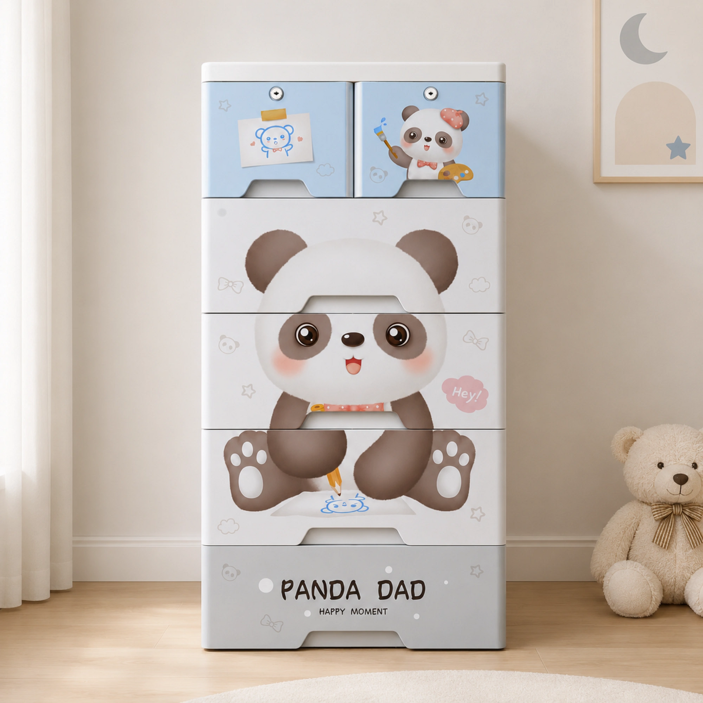 Kids Panda Storage Cabinet with Lockable Drawers & Wheels for Organization