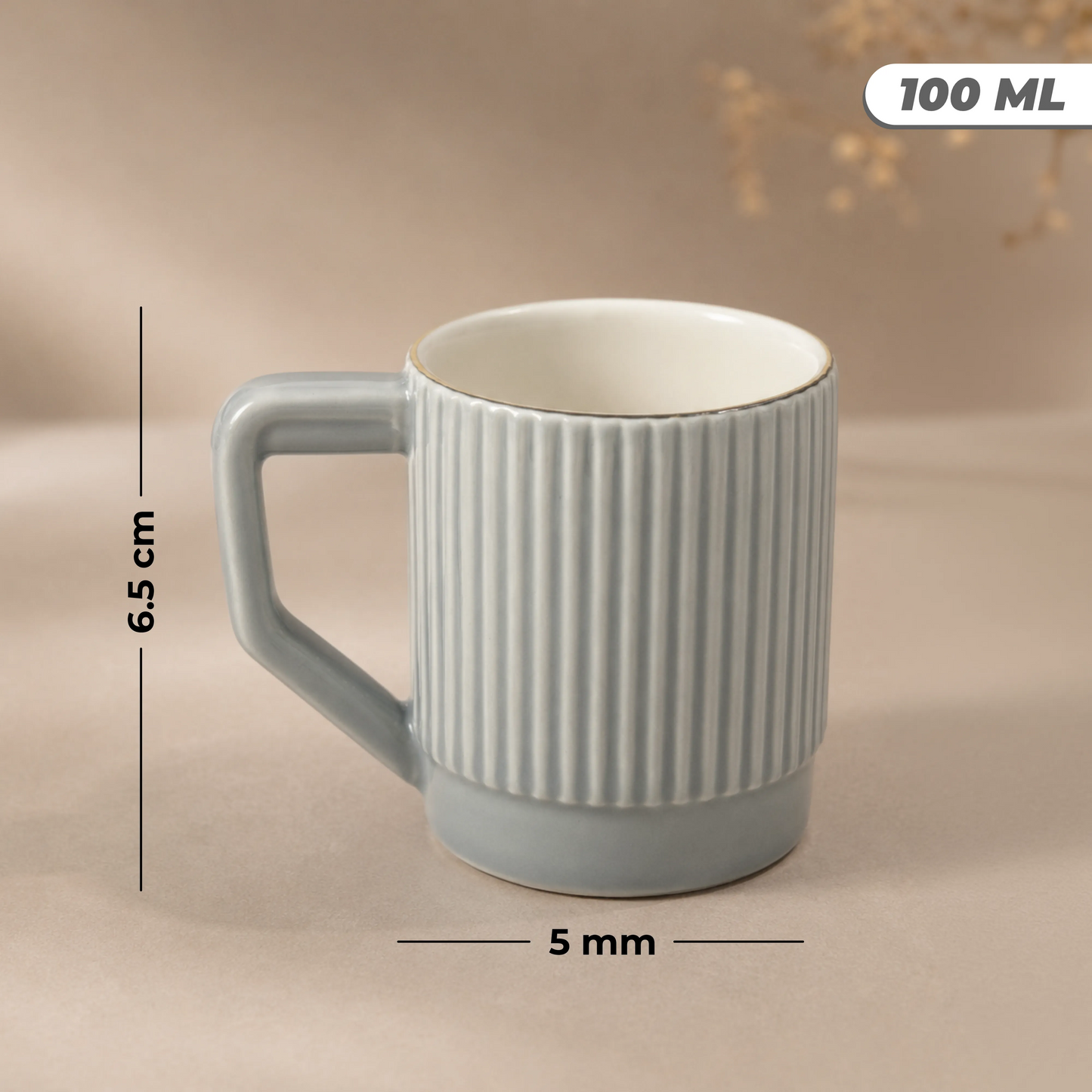 Premium Grey-Gold Rim Ribbed Ceramic Mug & Saucer - Set of 6 (100ml each)