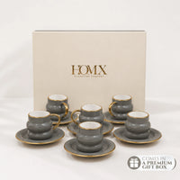 Luxury Smoky Grey Gold Rim Ceramic Mug & Saucer - Set of 6 (100ml each)