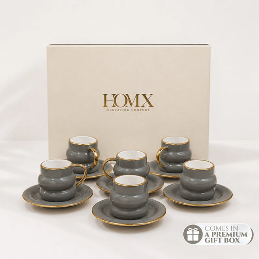 Luxury Smoky Grey Gold Rim Ceramic Mug & Saucer - Set of 6 (100ml each)