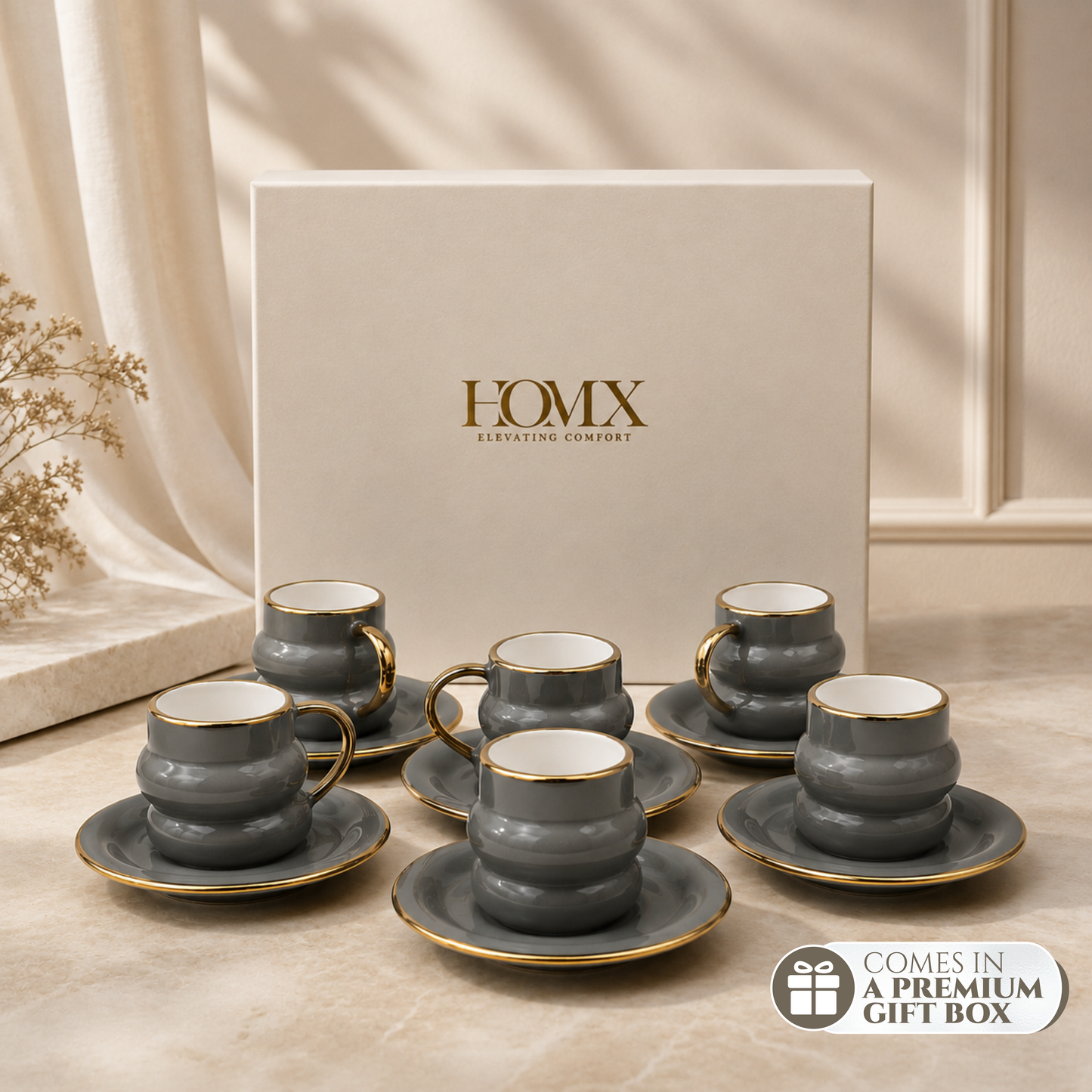 Luxury Smoky Grey Gold Rim Ceramic Mug & Saucer - Set of 6 (100ml each)