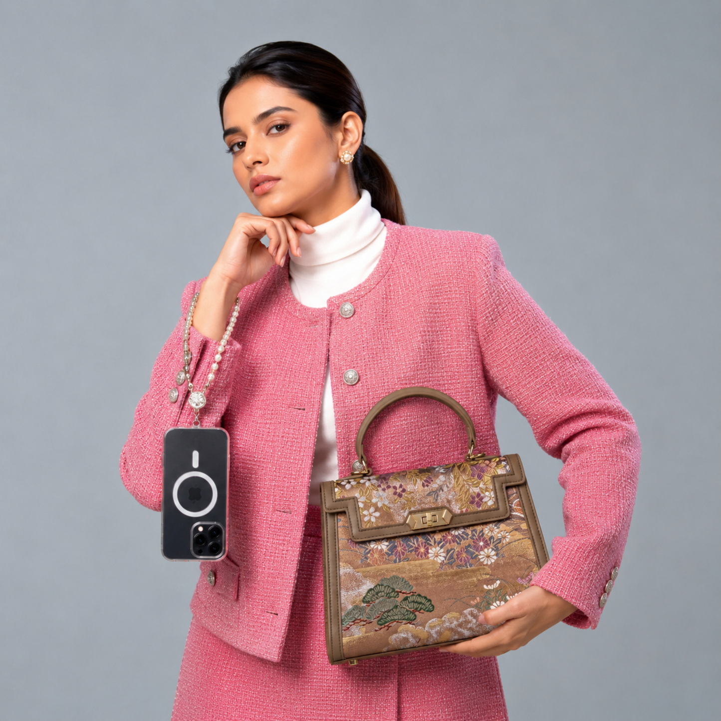 Luxury Handmade Leather Top Handle Bag with Hangzhou Silk