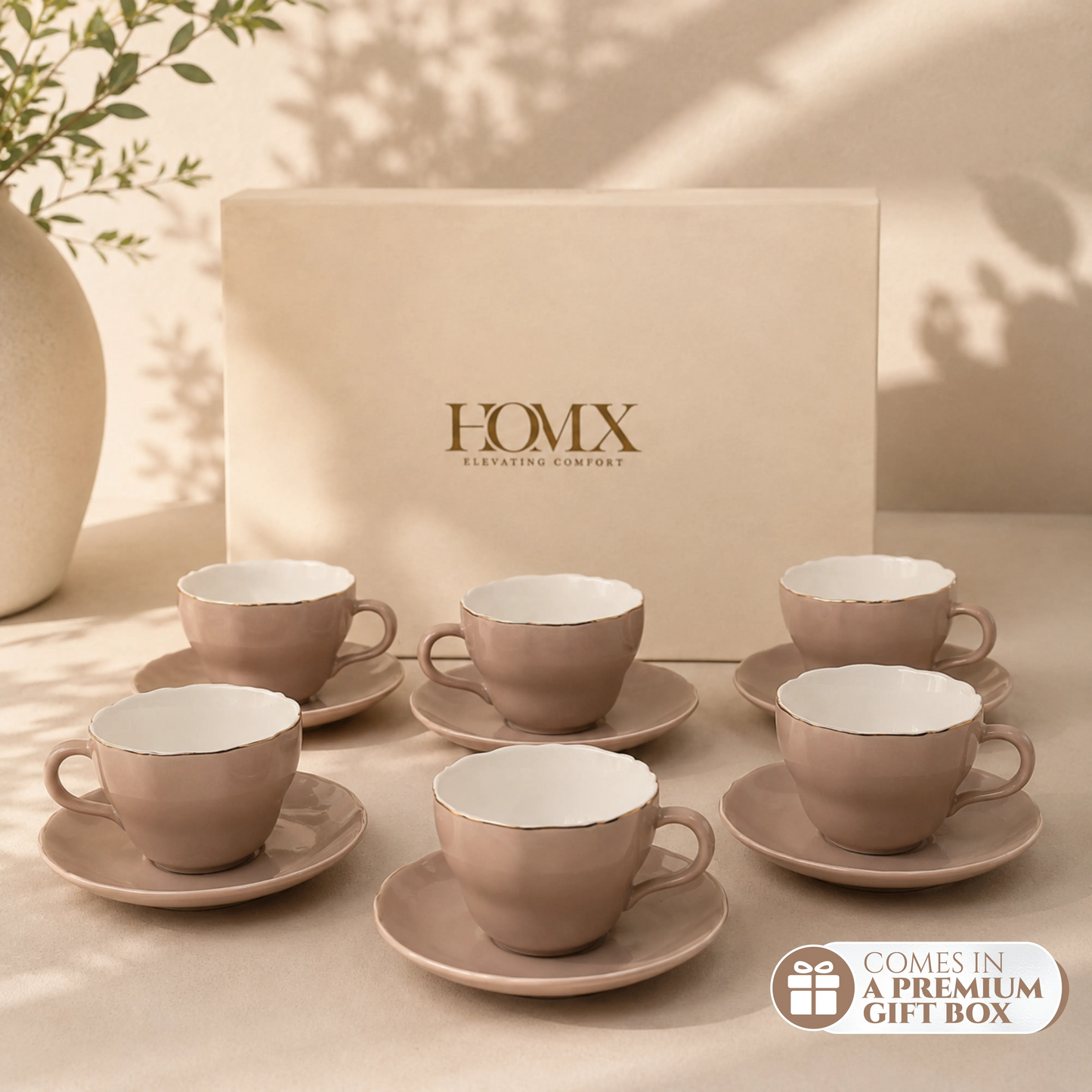 Blush Pink Gold-Rim Ceramic Tea Cup & Saucer Set of 6 (100ml each)
