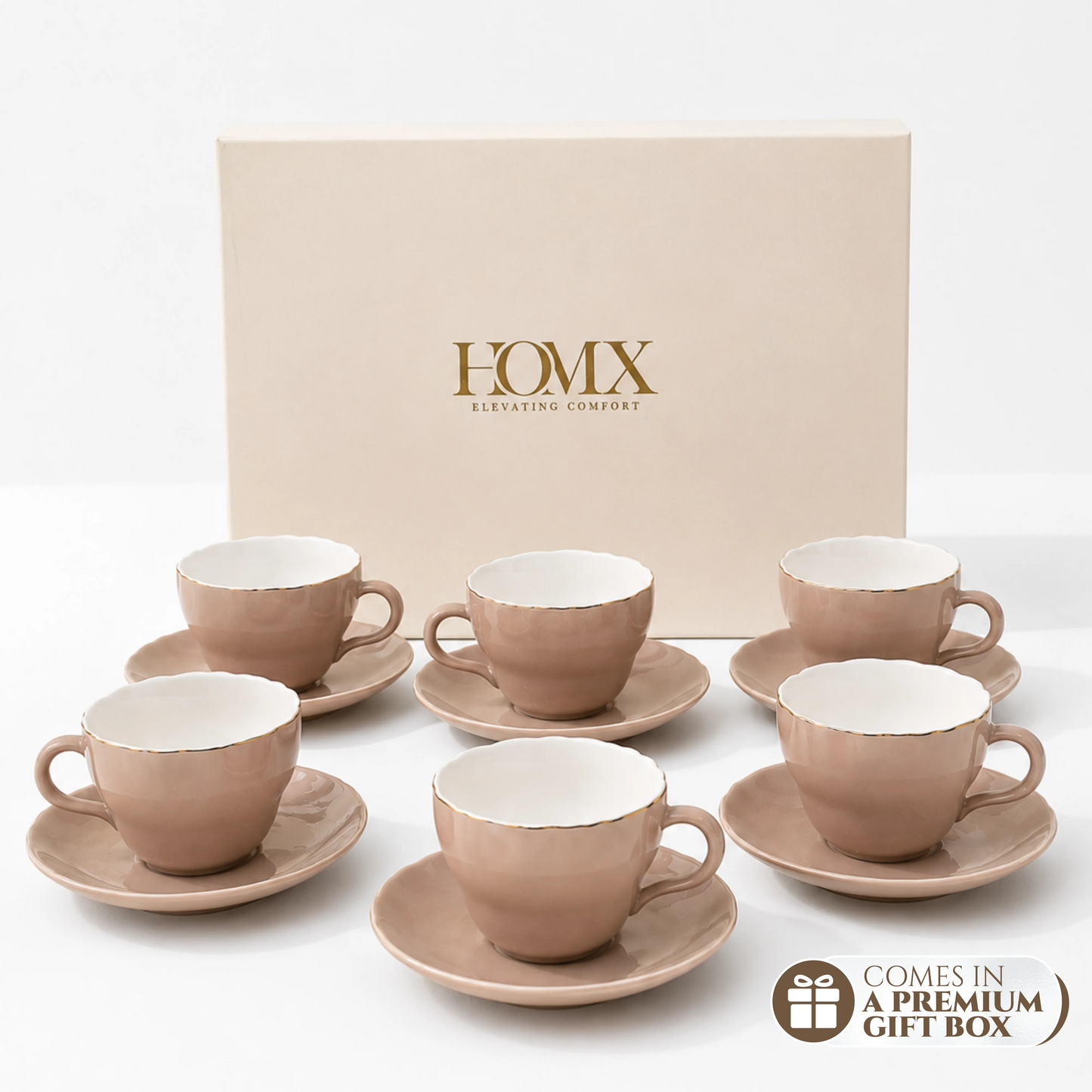 Blush Pink Gold-Rim Ceramic Tea Cup & Saucer Set of 6 (100ml each)