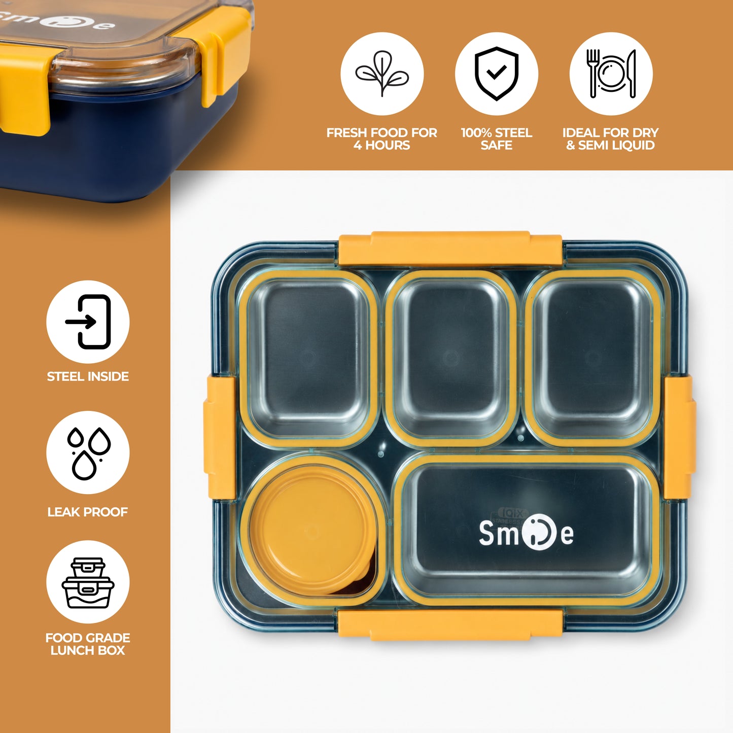 Bento Stainless Steel Lunch Box – 5 Compartment – 1400ml