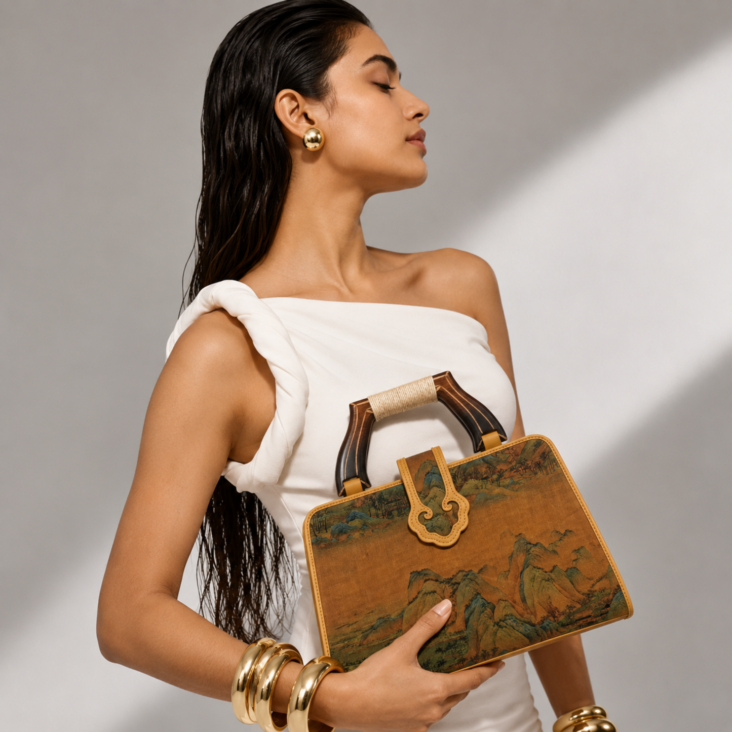 Luxury Yellowish-golden Hangzhou Silk Leather Handbag for Women